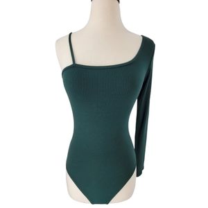 American Eagle Outfitters Longsleeve One Shoulder Dark Green Bodysuit Sz S NWT